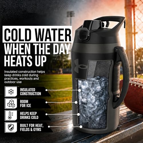 Image of Under Armour Insulated Water Bottle with Handle & Fence Hook, Half Gallon Sports Water Jug, Leak-Resistant & BPA-Free for Baseball, Football & Gym - Jet Grey /Black, 64oz