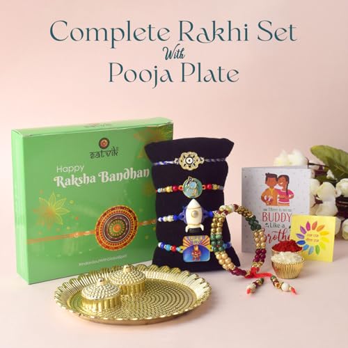 SATVIK 5 Pc Rakhi Family Combo 2 Bhaiya +1 Bhabhi Lumba + 2 rakhi for Brother Bhaiya Bhabhi Traditional Handmade Assorted Designer Rakhi with Puja Plate, Roli Chawal, Greeting Card & Sita-Ram Sticker4