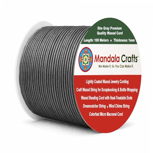 Mandala Crafts 1mm Dim Gray Cotton Waxed Cord for Jewelry Making, 109 Yards – Waxed Cotton String for Decorative Knotting and Accessory Assembly