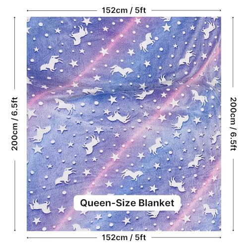 Image of Famyo Glow in The Dark Winter Blanket | Soft & Cozy Flannel Fleece Throw | Blanket for Winter Double Size, | Perfect All-Season Warm Blanket for Double /Queen Bed (Purple Unicorn, 200x152 cm)