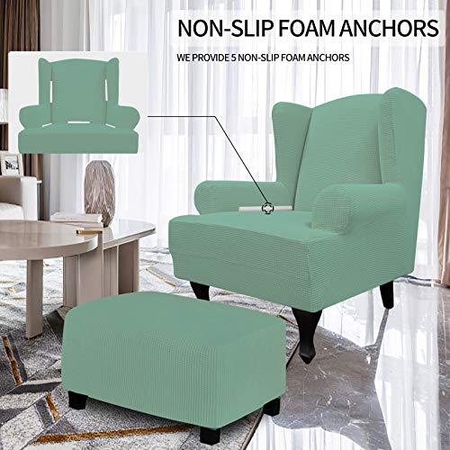 Image of Easy-Going Stretch Large Wingback Chair Sofa Slipcover Cyan | 1-Piece Sofa Cover Furniture Protector Couch Soft with Elastic Bottom, Spandex Jacquard Fabric Small Checks
