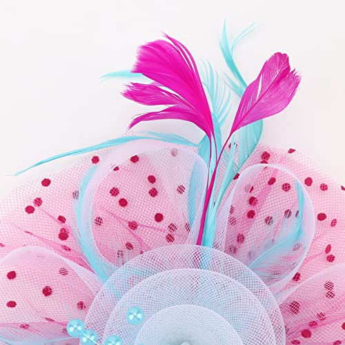 Image of DRESHOW Fascinators Hat Flower Mesh Ribbons Feathers on a Headband and a Clip Tea Party Headwear for Girls and Women