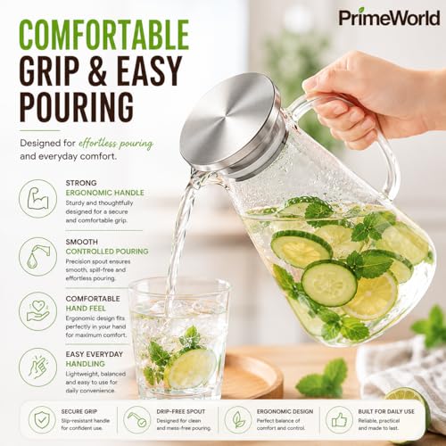 Image of PrimeWorld 1 pc 1.5 Litre Borosilicate Glass jug with Lid Stainless Stell Air Tight Water Pitchers with Handle for Fridge,Carafe for Hot /Cold Drink,Iced Tea, Coffee,Juice,Milk,Beverage