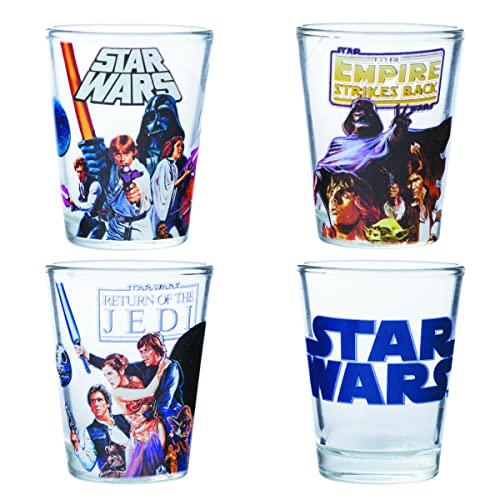 Image of Silver Buffalo Star Wars Original Trilogy: A New Hope, Empire Strikes Back, Return of the Jedi - 4 Pack Mini Glasses Featuring Yoda, Luke, Darth Vader, Han Solo, Chewbacca, Princess Leia, Ewok, 1.5oz