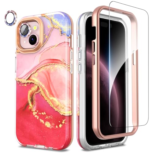 SHEDEER for iPhone 15 Case with Glitter Camera Protector + Screen Protector, Chic Anti-Yellowing Pattern