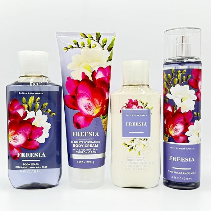 Freesia set 4-Piece Bundle | Body Wash, Ultimate Hydration Body Cream, Daily Nourishing Body Lotion and Fine Fragrance Mist