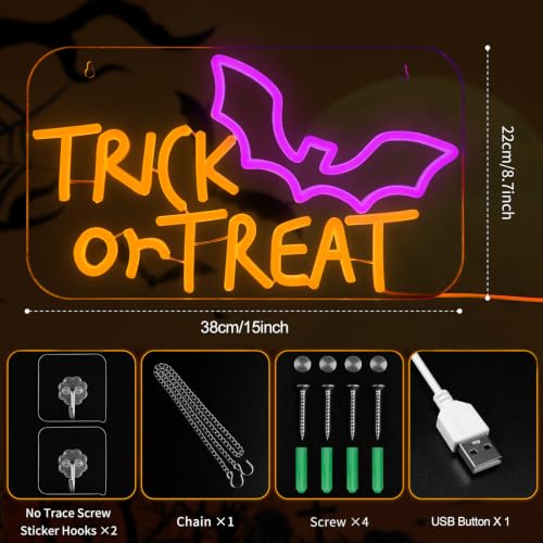 Image of MissAudrey Trick or Treat Neon Sign for Wall Window Decor, 15 * 8.7in Halloween Party Hanging Bat Neon Sign,USB Powered Dimmable Halloween Sign Decorations for Home Bar Salon Coffee Stores Porch