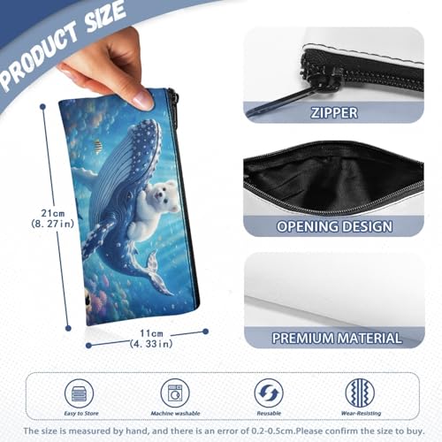 Image of Whale Polar Bear Pencil Case Blue Ocean Pencil Pouch with Zipper Lightweight Pen Organizer for Toddlers Girls Crayon Pouch for Painting Lesson