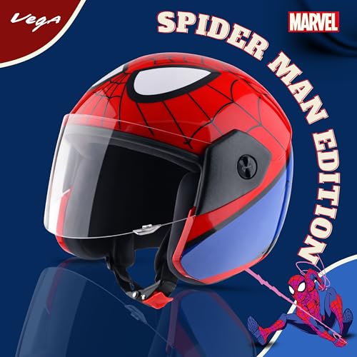 Image of Vega Buds Junior Marvel Spiderman Graphic Open Face Helmet for Kids - Lightweight Design, Superior Comfort & Safety, Stylish Red Blue - XS