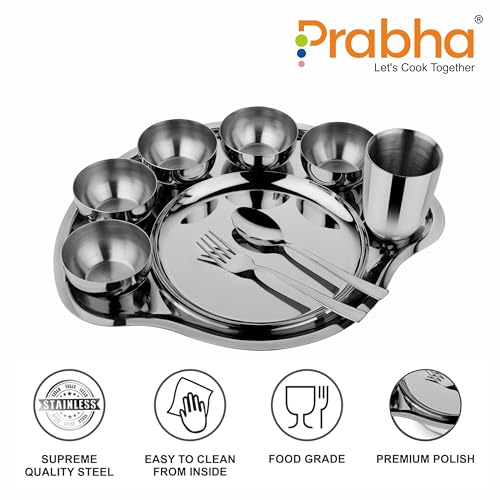 Image of Prabha Stainless Steel Dinner Set of 9 Pcs | Shagun Rajwada Silver Thali Set For Serving |Bhojan Thal Kitchen Dinnerware Set Ideal Gifting Anniversary, Wedding |Durable, Cleanable, Useable, High Grade