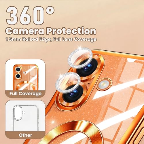 Image of Misscase for iPhone 17 Case with Privacy Screen Protector, Built-in Lens Protector, Compatible with MagSafe, Anti-Yellowing Shockproof TPU, Bling Glitter Electroplated Cover 6.3 inch Orange