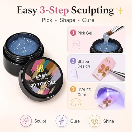 Image of Bolt Bee 3D Top Gel Nail Polish - Semi-Solid Modeling Gel, 8g | DIY Nail Art, Stick-On Drill Trim, Mixable Color Glue for Chrome, Metallic & Glossy Finishes