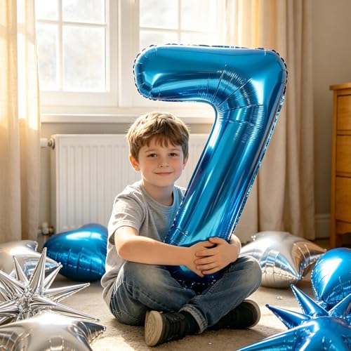 Image of TONIFUL 7th Birthday Balloons Kit 40 Inch Blue Large Number 7 Foil Balloon
