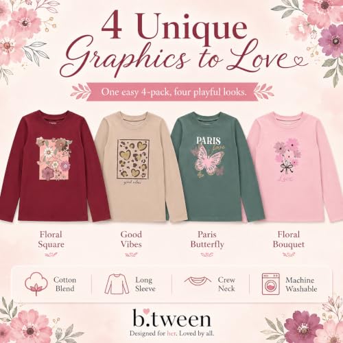 Image of BTween Girls 4 Pack Long Sleeve Graphic T-Shirts Cotton Blend, Fun Vibrant Designs