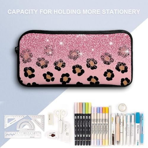 3 Pieces Mens Backpack with Reusable Insulated Lunch Bag Pencil Case Pink Glitter Sparkles Cheetah Leopard Print 17 Inch Travel College Daypack Stationery Pouch4