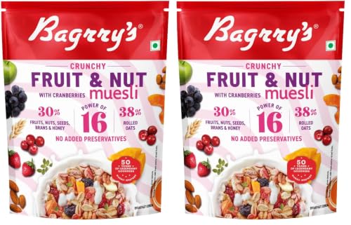 Image of Bagrry's Crunchy Muesli With 30% Fruit & Nut Cranberries 375gm Pouch |38% Fibre Rich Oats|No Sugar infused Fruits|Real Fruits|Breakfast Cereal|Protein Rich|Cranberry Muesli (Pack of 2)
