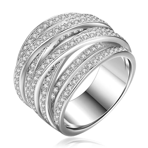 HAIXIAN Sterling Silver Cubic Zirconia Ring, Multi Cross Lines Design, Full Finger Band, Wedding Engagement Jewelry for Women