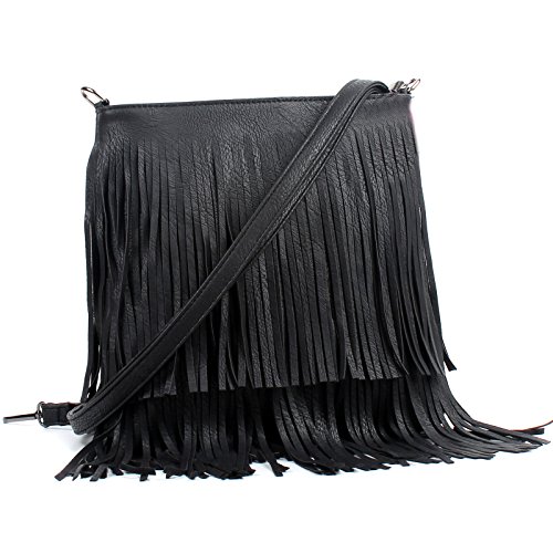 AOSSTA Sac à bandoulière pour femme - Sac à main décontracté à franges, Noir , Medium