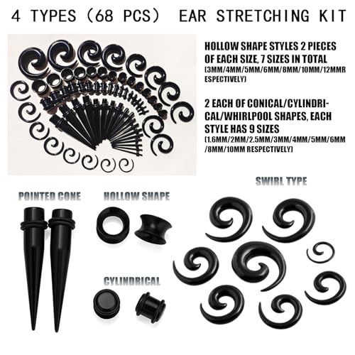 BDSHUNBF 68 Stück Ohr Stretching Kit, 14G-00G Messgeräte Expander Kit, Piercing Schmuck, Silikon Tunnel, Taper Dehnstab Set, Spiralkegel Expander für Ohren