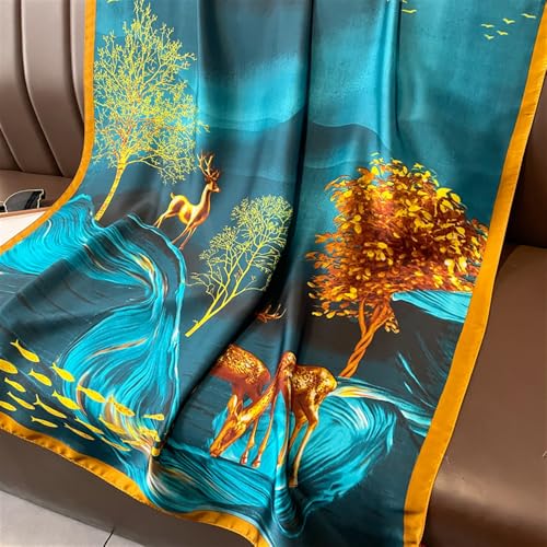 Image of Alexvyan Satin Silk Summer Scarves 180 x 84 cm, Blue Golden Dear Theme with Stitched Border, Lightweight Fashion Scarf for Women Sun Protection Stole