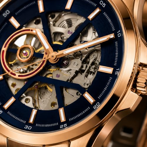 Image of Automatic Watches for Men Gold Watch Skeleton Analog Watch with Blue Dial, Mechanical Wrist Watch, Stainless Steel Chain Strap, Luxury Watches for Men, Classic Waterproof Timepiece