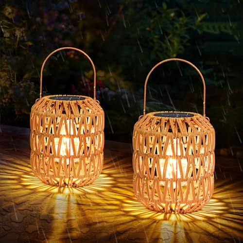 Rattan Solar Lanterns Outdoor Waterproof: 2 Pack Hanging Solar Lights for Outside Yard Solar Powered Lantern Decorative Birthday Gifts for Women Solar Garden Lights Decor for Patio Pathway Porch