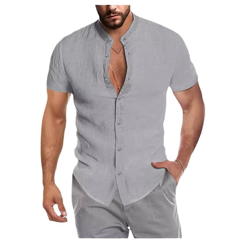 Men Summer V Neck Linen Shirt with Stand Collar Short Sleeves and Buttoned Cardigan Design-image-3