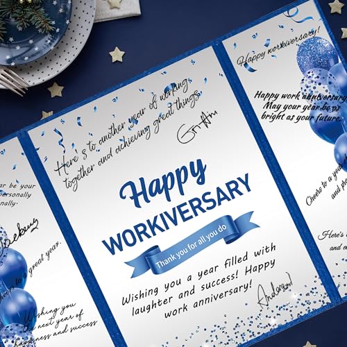 Image of DARUNAXY Blue Silver Happy Workiversary Party Decorations, Navy Blue Happy Work Anniversary Alternative Signature Guest Book for Men Women Employee Business Gifts Signing Card Board for Office Supply