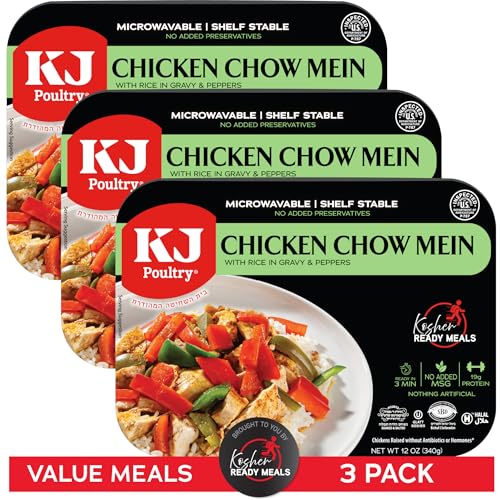 Image of KJ Poultry Kosher Ready Meals - Chicken Chow Mein, MRE Meat Meals Ready to Eat, Gluten Free, Halal, (3 Pack) Prepared Entree Fully Cooked, Shelf Stable Microwave Dinner Travel Military Camping