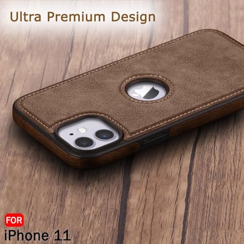Image of Leather Case for Apple iPhone 11 Premium Protective Stylish Slim Cover with Shockproof Raised Edges Brown