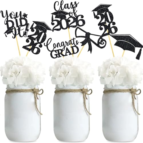 Graduation Centerpiece Sticks 24PCS Glitter Grad Picks Party Table Decor Senior High School College Sign Black