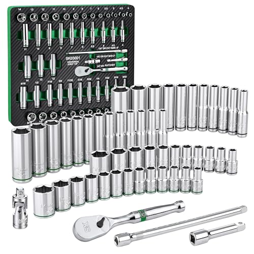 SK 1/4" Drive Socket Set with 90-Tooth Ratchet, 52-Piece, SAE & Metric, SuperKrome Finish, Premium CR-V Construction, with EVA Foam Tool Organizer