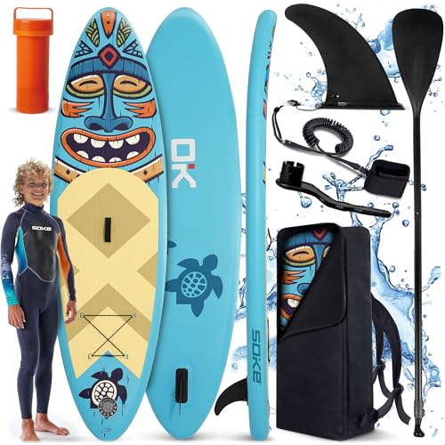 Soke Stand Up Paddle Board SUP Set - Aufblasbar - Pumpe Paddel Leash Rucksack - 85 kg Belastbar - Aquasurf 275 x 76 x 12 cm