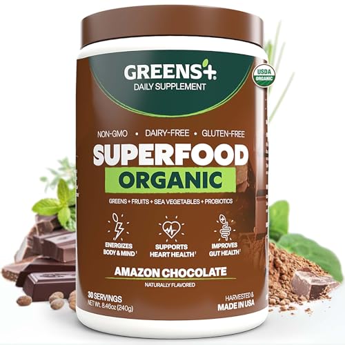 Greens+ Plus Organic Superfood Amazon Chocolate Boost Energy Essential Blend of Raw Foods Non GMO Gluten Free USDA Organic and Vegan Powder 8.46 oz