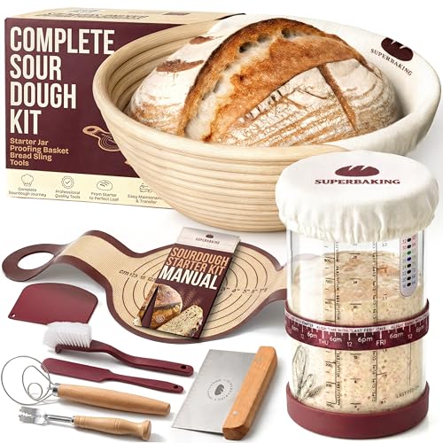 Superbaking Sourdough Starter Kit, 9" Splinter-Free Banneton Bread Proofing Basket Set with Non-Stick Silicone Dough Sling & Glass Starter Jar Kit, Sourdough Bread Baking Supplies, Sourdough Tools