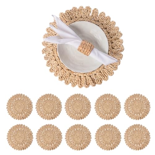 Image of Laquedecraft 13.8 inch Set of 10 Round Corn Husk Placemats | Boho Woven Rattan Table Mats | Farmhouse Wicker Spring Plate Chargers Like Water Hyacinth, Seagrass for Wedding, Party, Christmas, Events