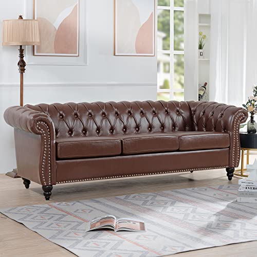 Image of LEVNARY Chesterfield Sofa, Classic Tufted Upholstered Leather Couch, Modern 3 Seater Couch Furniture with Tufted Back for Living Room Office (Dark Brown)