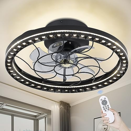 KINGTORO LED Ceiling Fans with Light, Modern Ceiling Fans wiht Remote, 19in Dimmable LED 6 Speeds Reversible Blades Timing Indoor Low Profile Ceiling Fan Semi Flush Mount with Remote Control