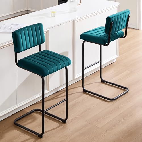 Image of ONEVOG 30 Inch Seat Height Teal Bar Stools Set of 4, Mid-Century Modern Cantilever Bar Chairs for Counter Kitchen Islands, Upholstered Velvet Fabric Barstools with Back and Matte Metal Legs, Teal