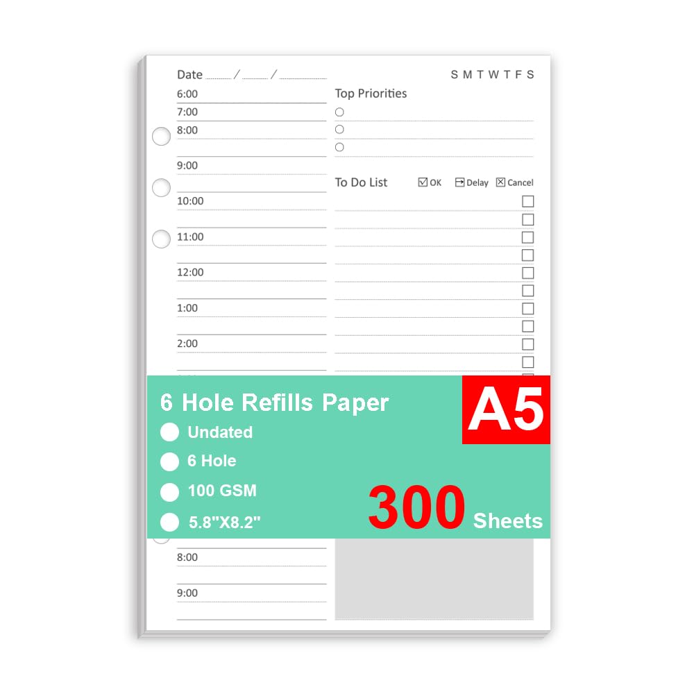 (3 Pack) Undated Daily Planner Refill - A5 Planner Inserts, 300 Sheets/600 Pages, 6 Hole Refills Paper, Planners Refills for Filofax, College Ruled, 5.8 X 8.26 Inch, 6-Hole Punched, 100gsm