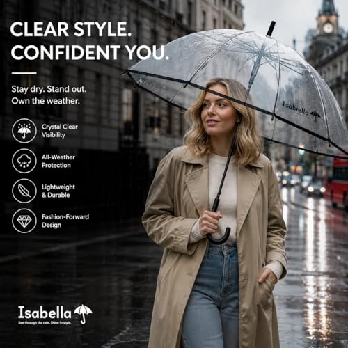 Image of ISABRELLA Transparent Umbrella For Rrain Big Size-White Dome 120CM Windproof Automatic Open Long Handle Rain Umbrella for Women & Men-Outdoor, Weddings, Travel，Daily