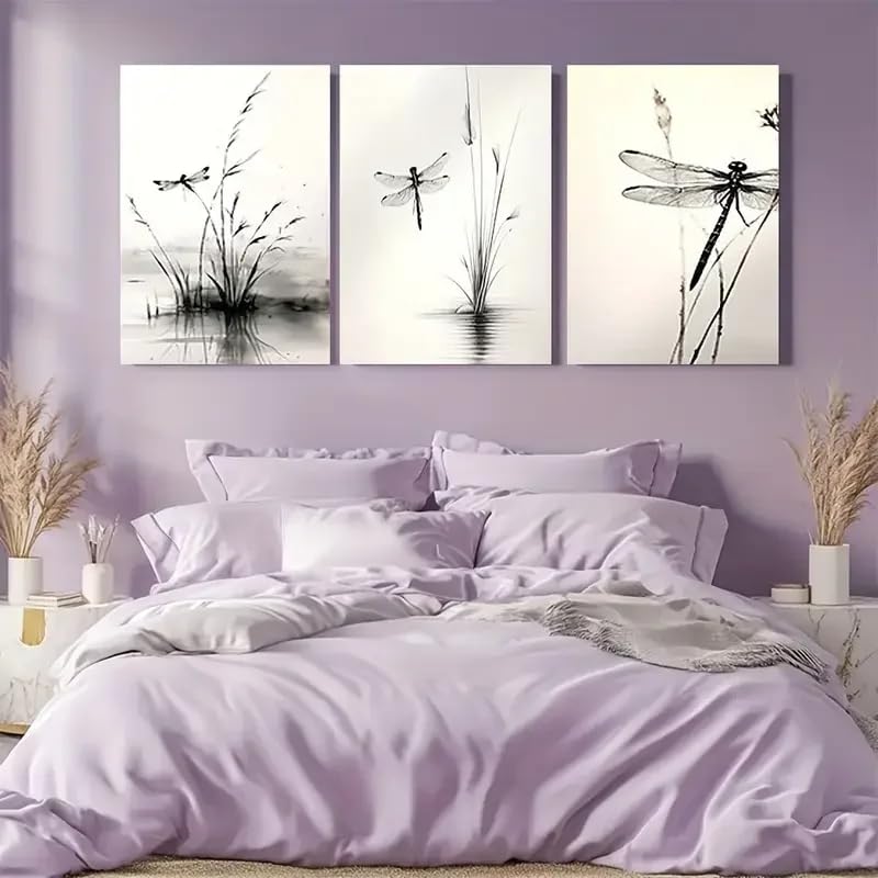 MAIMANG 3 szt. Dragonfly Wall Art Large Inches Inspired Triptych Painting with Black Wall Decoration (50x70cmx3/internal frame)