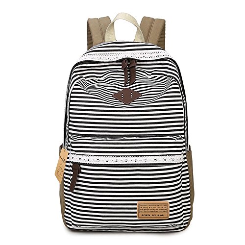 Preisvergleich Produktbild DoubleMay Jugendliche Mädchen Schulrucksack Fashion Damen Canvas Rucksack Teenager Baumwollstoff Streifen Schultasche Daypacks für Universität Outdoor Reise Freizeit QXT-8759 (Schwarz)