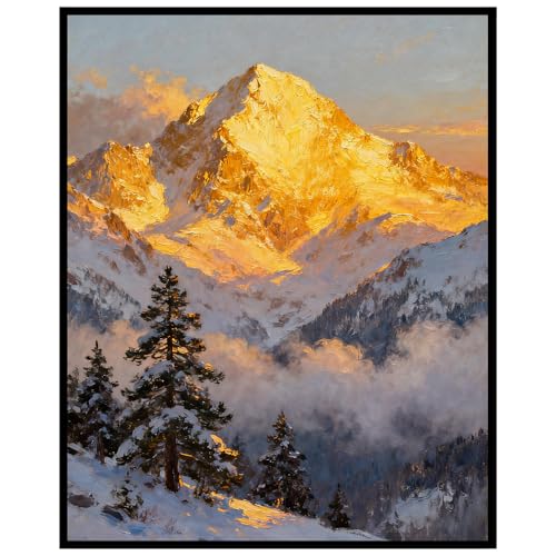 Golden Sunrise Snowy Mountain Wall Art Print, Impasto Oil Painting Style, Alpine Winter Landscape Home Decor, Nature Mountain Poster, 8x10 Inches Unframed