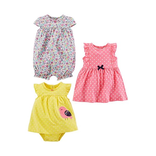 Simple Joys by Carter's Baby Girls' Romper, Sunsuit and Dress, Pack of 3, Pink Dots/White Floral/Yellow Bird, 0-3 Months