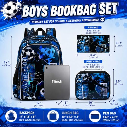 Image of gxtvo 3PCS Boys Soccer Backpack, 17 inch Kids Football Bookbag with Lunch Box, Water Resistant Middle Elementary Preschool School Bag