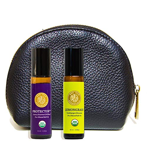Organic Roll On Essential Oils Set, 100% Pure USDA Certified - Protector Blend (Based on 4 Thieves Legend) & Lemongrass with Black Leather Travel Case