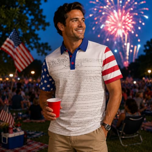 Image of Patriotic USA Golf Polo Shirt Men's Performance Short Sleeve | Moisture Quick Dry Fit Athletic Veteran UPF Stretch Casual Fun