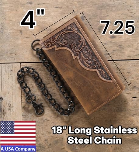 Image of F&L CLASSIC RFID Blocking Mens Tri-fold Long Style Cowhide Leather Steel Chain Wallet,brown western,212-83