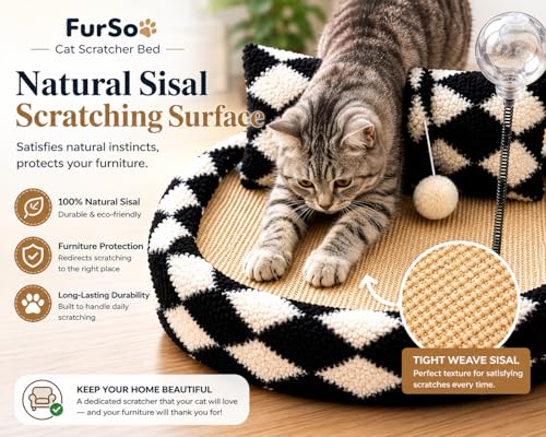 FurSo Cat Scratcher Bed for Indoor Cats – Sisal Scratch Pad Lounge with Spring Treat Ball, Plush Pillow & Play Toy | Diamond Design Cat Scratching Board | Protects Furniture - Image 5